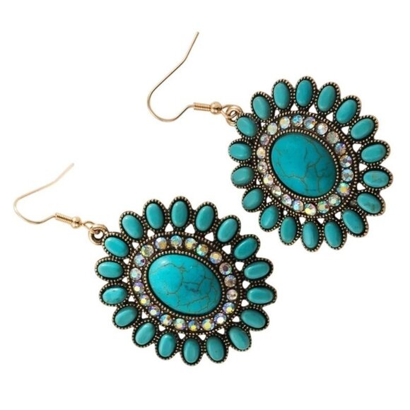 2/$24 Glamourous Vintage Turquoise & Gold Boho Statement Earrings - Picture 4 of 9